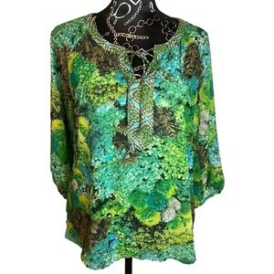 Olive Hill Floral Print Blouse Green Blue Lace Up Neck Long Sleeve Top